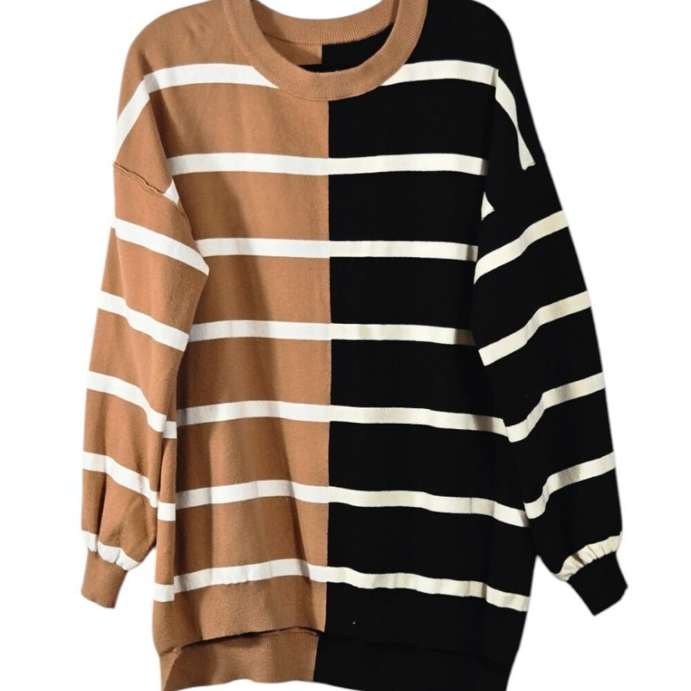 Women's Large Sweater Pullover Crew Neck Tan Black Ivory